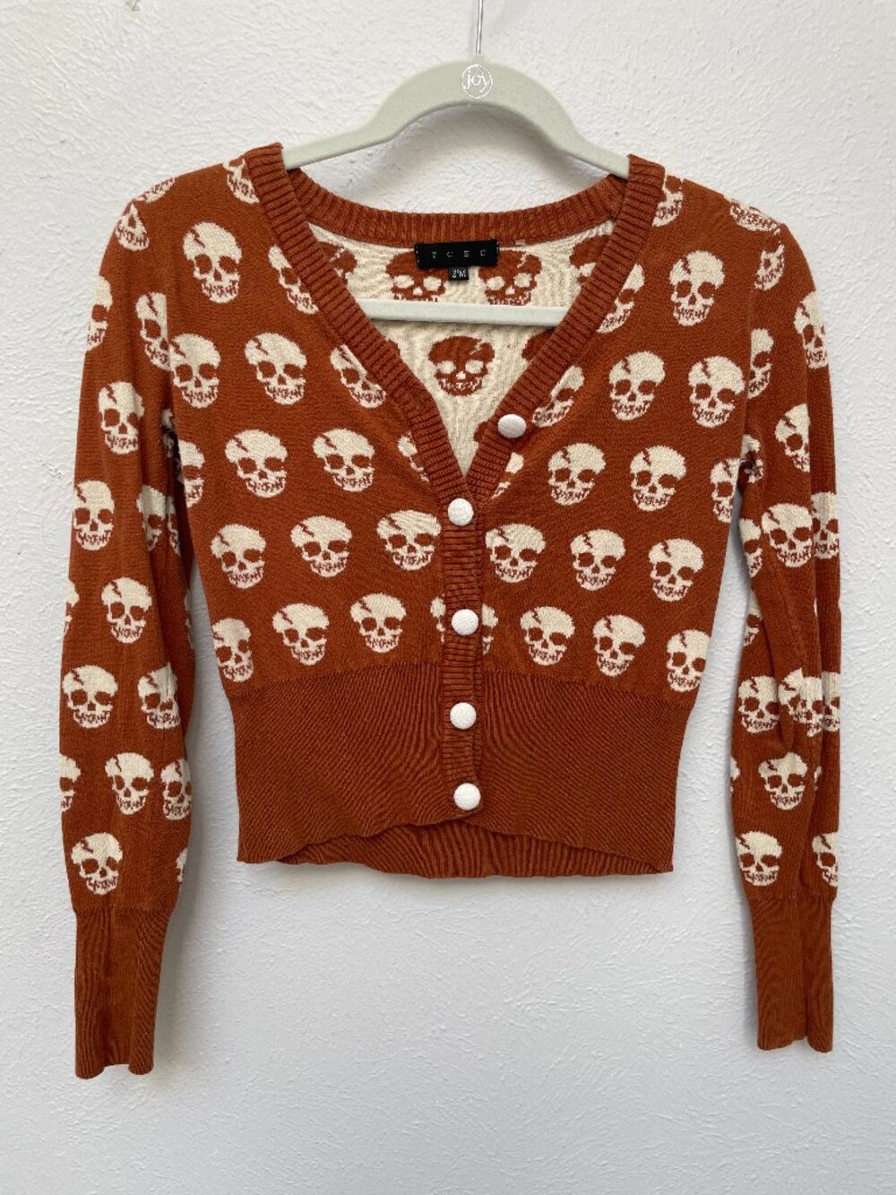 Like New TCEC Rust Brown Skull Print Cropped Knit Cardigan Sweater Size S/M
